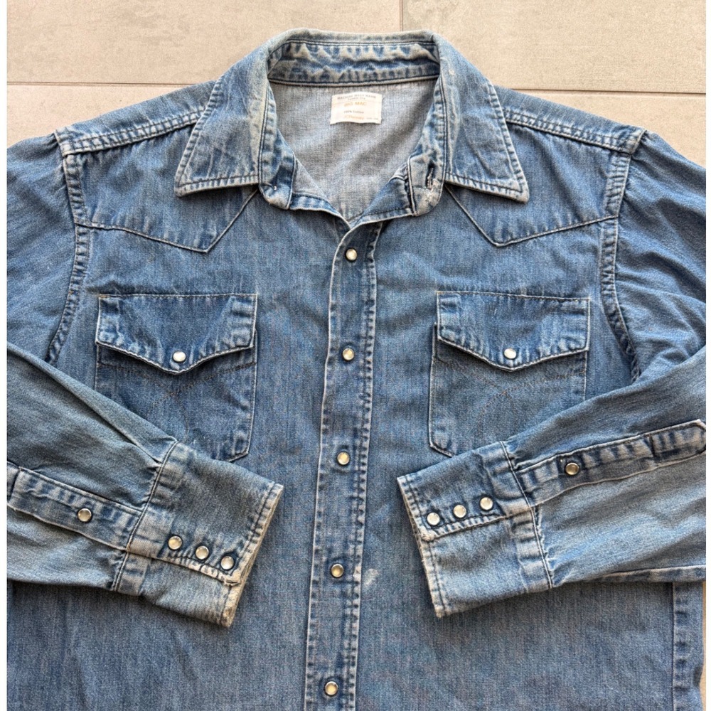 Vintage Big Mac Denim Western Shirt Blue Pearl Snap JCPenney Cotton Mens M 70s